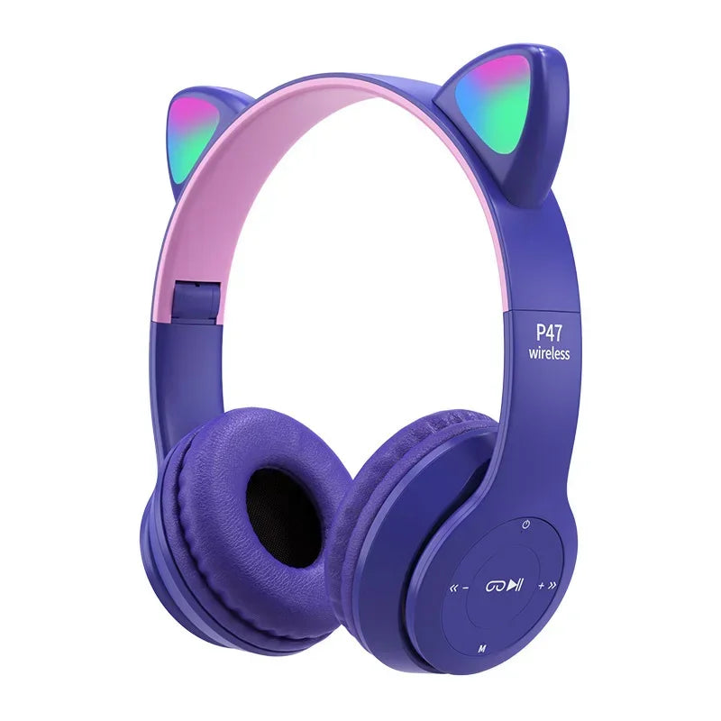 Wireless Headphones Cat Ear Bluetooth-Compatible Helmets Stereo Bass Over-Ear Headsets Sports Headphones for Kids and Adult