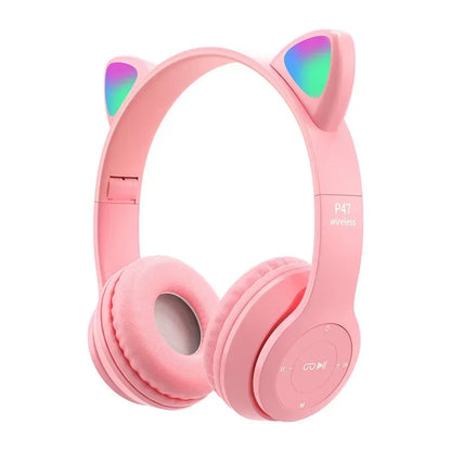 Wireless Headphones Cat Ear Bluetooth-Compatible Helmets Stereo Bass Over-Ear Headsets Sports Headphones for Kids and Adult