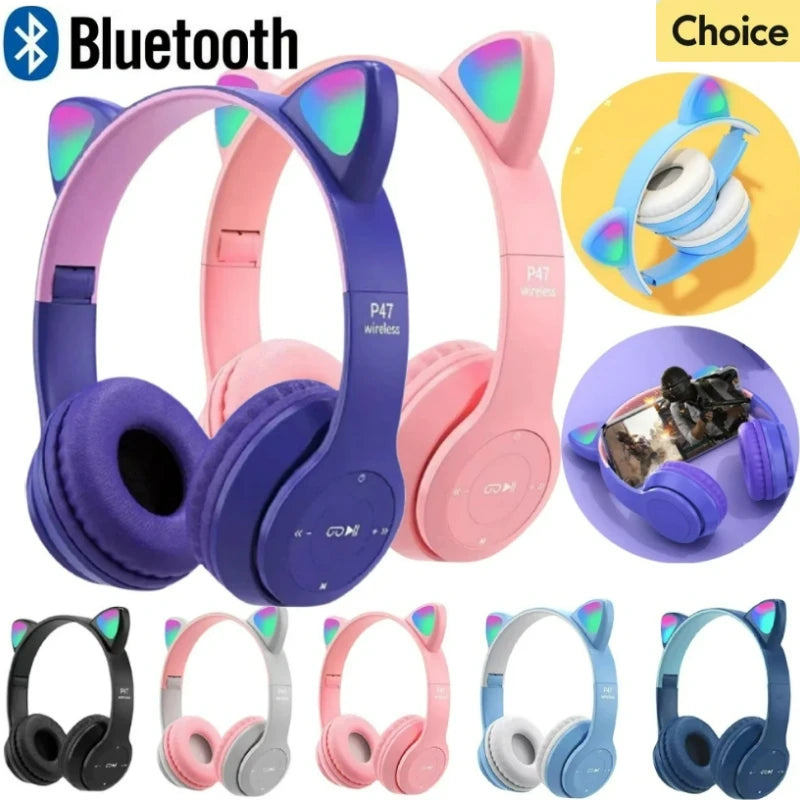 Wireless Headphones Cat Ear Bluetooth-Compatible Helmets Stereo Bass Over-Ear Headsets Sports Headphones for Kids and Adult