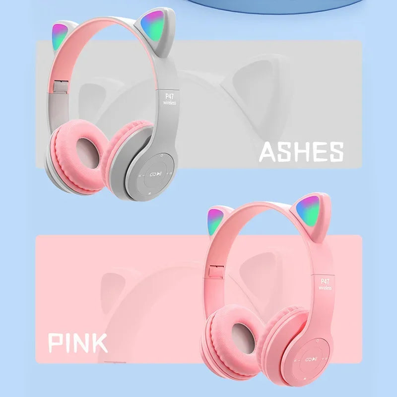 Wireless Headphones Cat Ear Bluetooth-Compatible Helmets Stereo Bass Over-Ear Headsets Sports Headphones for Kids and Adult