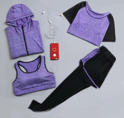 Quick Dry Women Yoga Clothing Hooded Coats+T Shirt+Bra+Shorts+Pants Sets Women Autumn Outdoor Running Sportswear Gym Suits