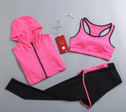 Quick Dry Women Yoga Clothing Hooded Coats+T Shirt+Bra+Shorts+Pants Sets Women Autumn Outdoor Running Sportswear Gym Suits