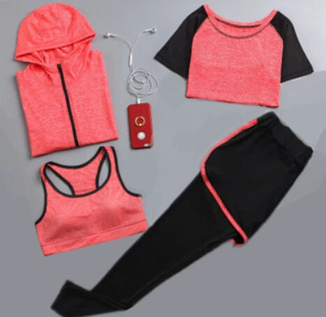 Quick Dry Women Yoga Clothing Hooded Coats+T Shirt+Bra+Shorts+Pants Sets Women Autumn Outdoor Running Sportswear Gym Suits