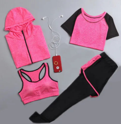 Quick Dry Women Yoga Clothing Hooded Coats+T Shirt+Bra+Shorts+Pants Sets Women Autumn Outdoor Running Sportswear Gym Suits