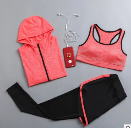 Quick Dry Women Yoga Clothing Hooded Coats+T Shirt+Bra+Shorts+Pants Sets Women Autumn Outdoor Running Sportswear Gym Suits