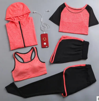 Quick Dry Women Yoga Clothing Hooded Coats+T Shirt+Bra+Shorts+Pants Sets Women Autumn Outdoor Running Sportswear Gym Suits