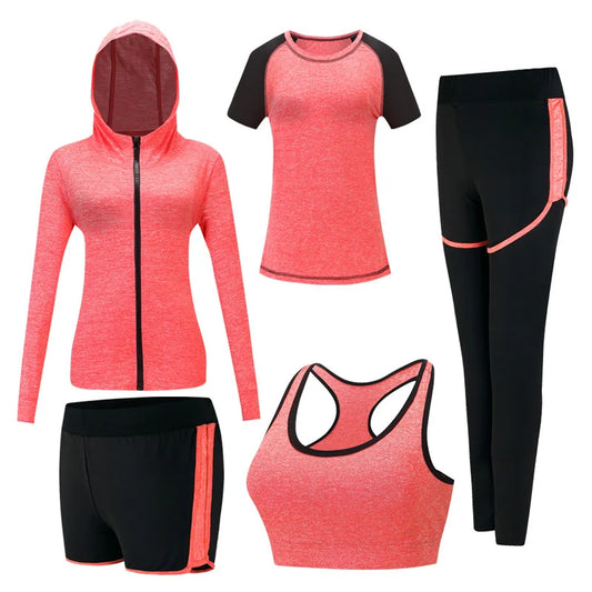 Quick Dry Women Yoga Clothing Hooded Coats+T Shirt+Bra+Shorts+Pants Sets Women Autumn Outdoor Running Sportswear Gym Suits