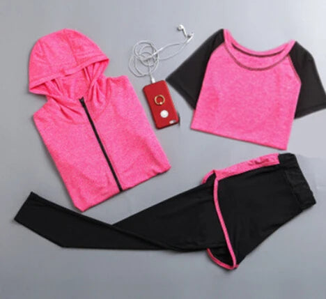 Quick Dry Women Yoga Clothing Hooded Coats+T Shirt+Bra+Shorts+Pants Sets Women Autumn Outdoor Running Sportswear Gym Suits