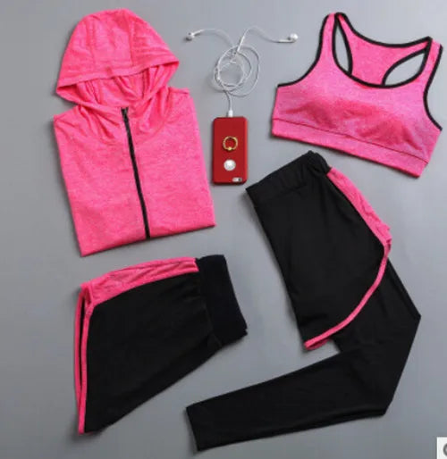 Quick Dry Women Yoga Clothing Hooded Coats+T Shirt+Bra+Shorts+Pants Sets Women Autumn Outdoor Running Sportswear Gym Suits