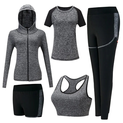 Quick Dry Women Yoga Clothing Hooded Coats+T Shirt+Bra+Shorts+Pants Sets Women Autumn Outdoor Running Sportswear Gym Suits