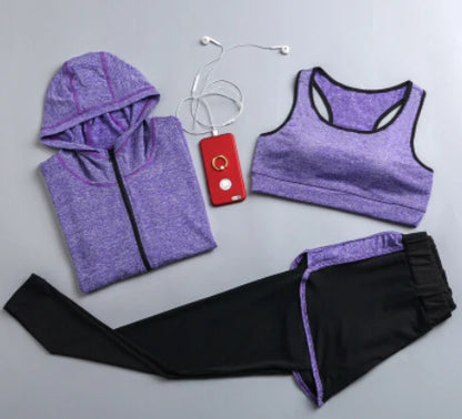 Quick Dry Women Yoga Clothing Hooded Coats+T Shirt+Bra+Shorts+Pants Sets Women Autumn Outdoor Running Sportswear Gym Suits