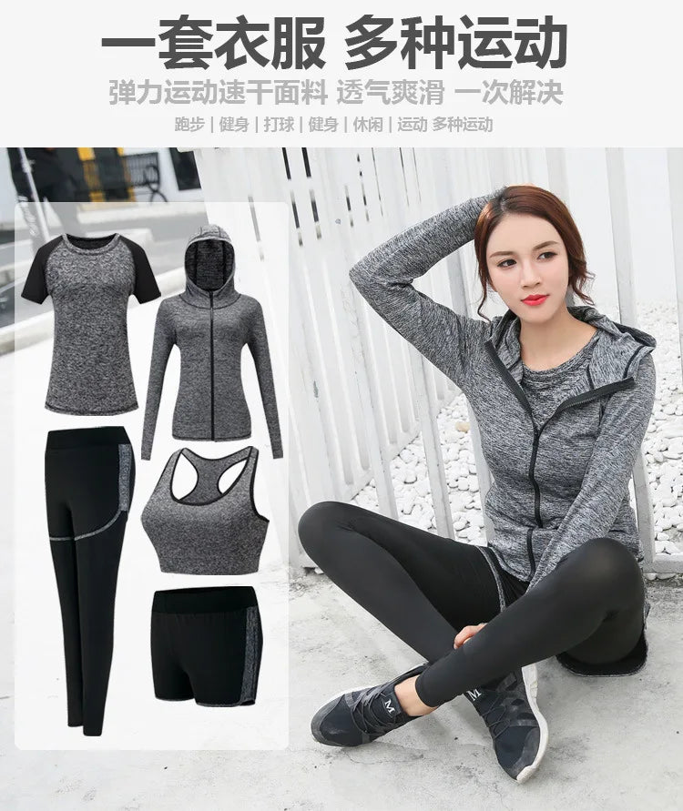 Quick Dry Women Yoga Clothing Hooded Coats+T Shirt+Bra+Shorts+Pants Sets Women Autumn Outdoor Running Sportswear Gym Suits