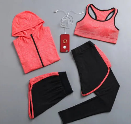 Quick Dry Women Yoga Clothing Hooded Coats+T Shirt+Bra+Shorts+Pants Sets Women Autumn Outdoor Running Sportswear Gym Suits