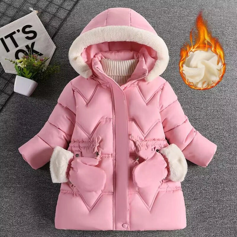 3-7 Years Winter Keep Warm Girls Jacket Solid Long Style Hooded Windbreaker Coat for Kids Children Christmas Outerwear Clothes