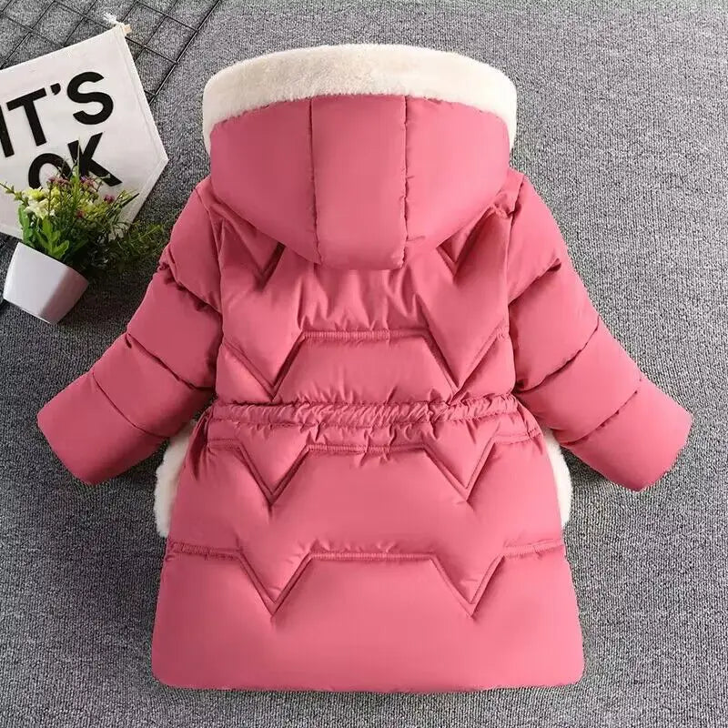 3-7 Years Winter Keep Warm Girls Jacket Solid Long Style Hooded Windbreaker Coat for Kids Children Christmas Outerwear Clothes