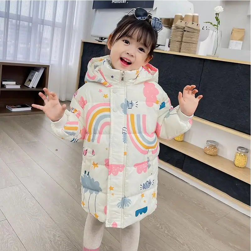 3-7 Years Winter Keep Warm Girls Jacket Solid Long Style Hooded Windbreaker Coat for Kids Children Christmas Outerwear Clothes