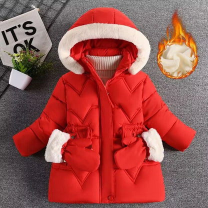 3-7 Years Winter Keep Warm Girls Jacket Solid Long Style Hooded Windbreaker Coat for Kids Children Christmas Outerwear Clothes