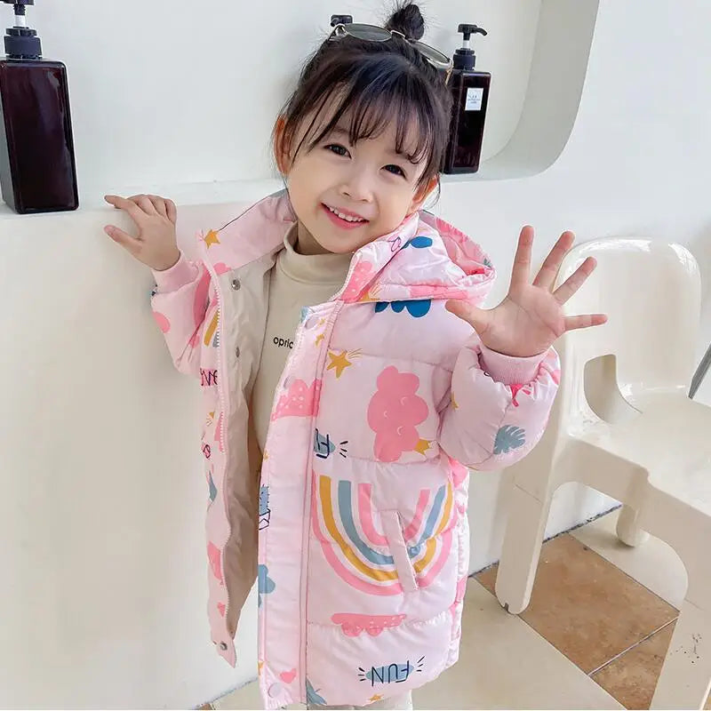 3-7 Years Winter Keep Warm Girls Jacket Solid Long Style Hooded Windbreaker Coat for Kids Children Christmas Outerwear Clothes