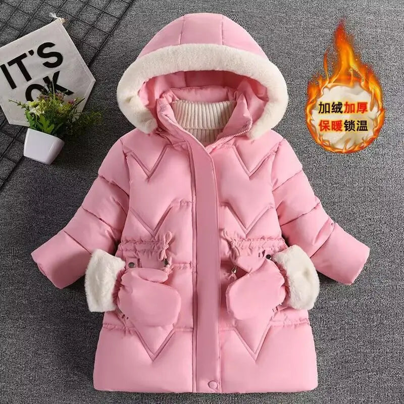 3-7 Years Winter Keep Warm Girls Jacket Solid Long Style Hooded Windbreaker Coat for Kids Children Christmas Outerwear Clothes