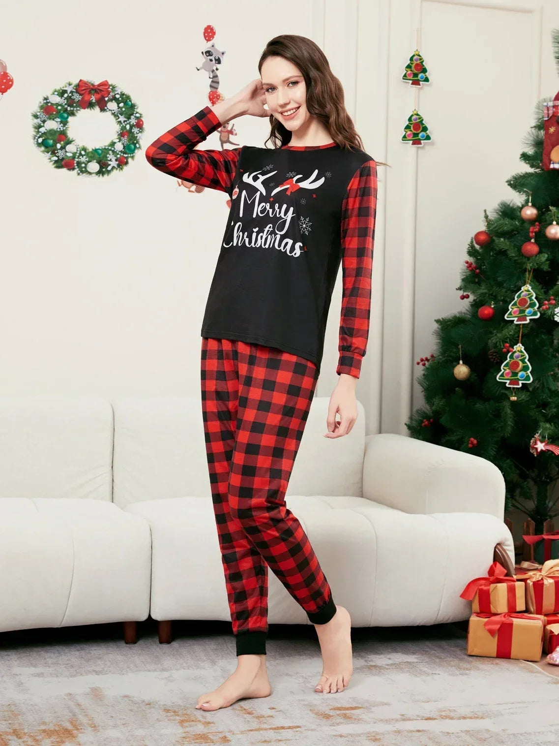 Merry Christmas Family Pajamas Set Plaid Print Long Sleeve 2 Pcs Suit Adults Kids Matching Clothes Soft Cute Sleepwear Xmas Look