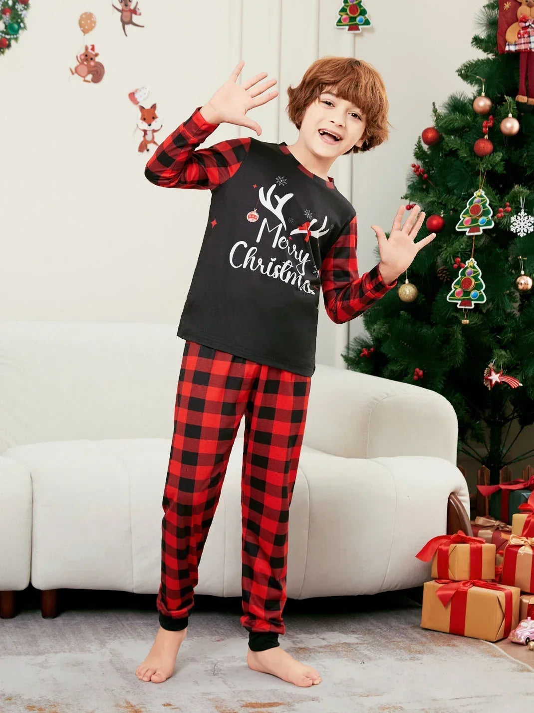 Merry Christmas Family Pajamas Set Plaid Print Long Sleeve 2 Pcs Suit Adults Kids Matching Clothes Soft Cute Sleepwear Xmas Look