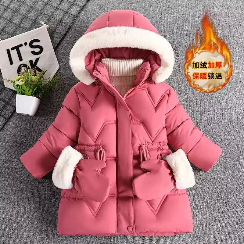 3-7 Years Winter Keep Warm Girls Jacket Solid Long Style Hooded Windbreaker Coat for Kids Children Christmas Outerwear Clothes