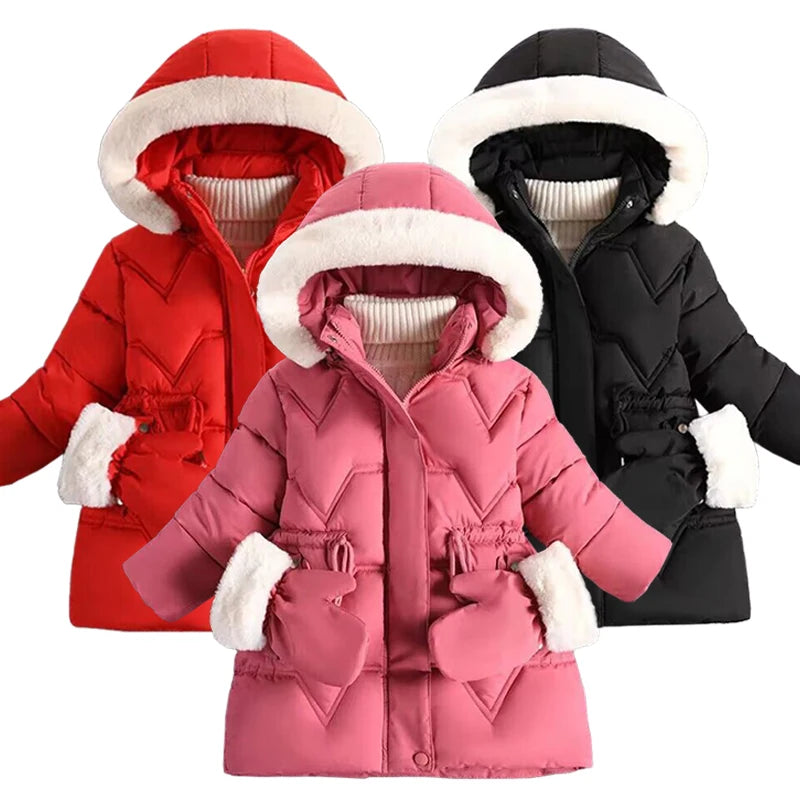 3-7 Years Winter Keep Warm Girls Jacket Solid Long Style Hooded Windbreaker Coat for Kids Children Christmas Outerwear Clothes