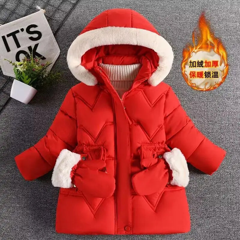 3-7 Years Winter Keep Warm Girls Jacket Solid Long Style Hooded Windbreaker Coat for Kids Children Christmas Outerwear Clothes