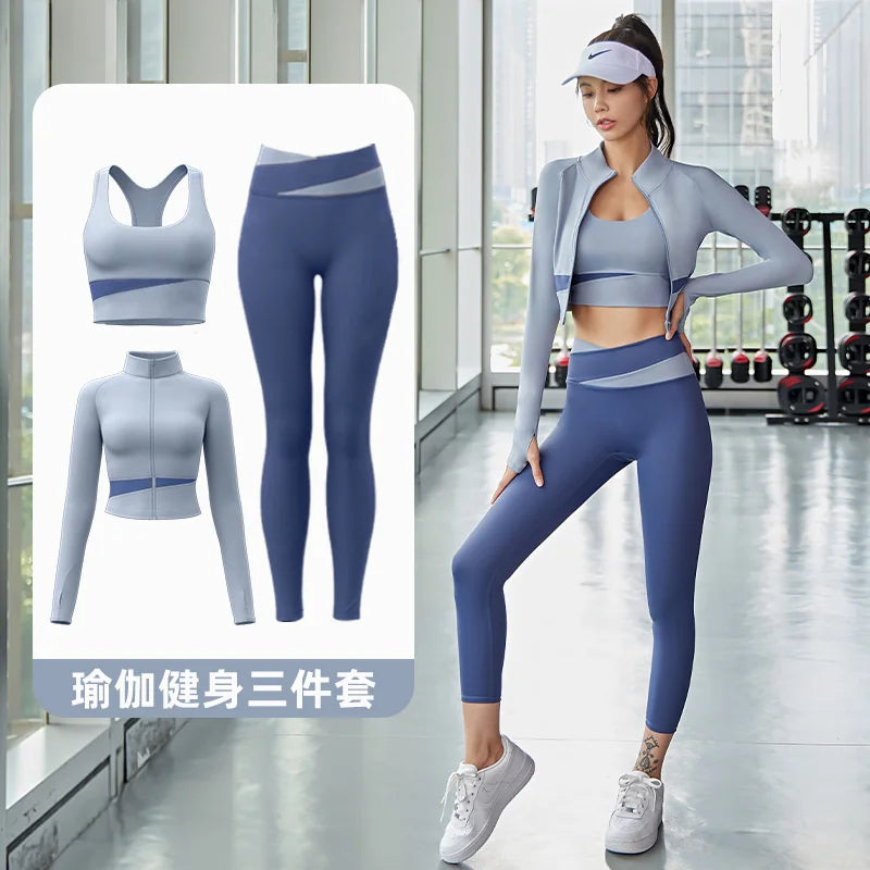 Women Yoga Patchwork 3 Piece Set Fitness Gym Coats+Bra+Leggings Workout Running Sportswear Clothing Tracksuit Ensemble Femme