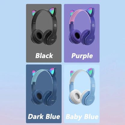 Wireless Headphones Cat Ear Bluetooth-Compatible Helmets Stereo Bass Over-Ear Headsets Sports Headphones for Kids and Adult