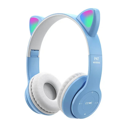 Wireless Headphones Cat Ear Bluetooth-Compatible Helmets Stereo Bass Over-Ear Headsets Sports Headphones for Kids and Adult