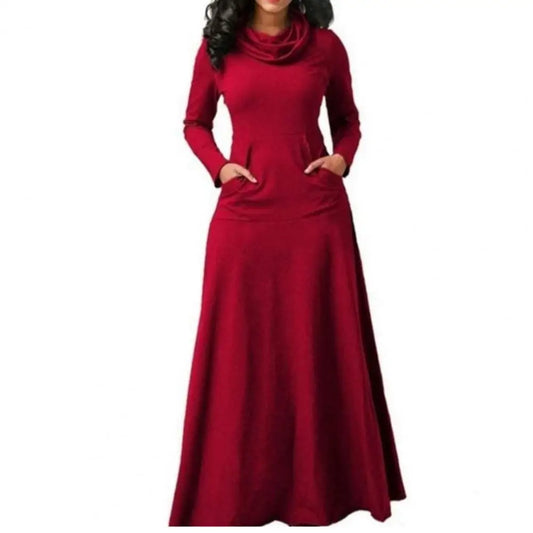 Elegant Long Maxi Dress Autumn Winter Warm High Collar Women Long-Sleeved Dress 2024 Woman Clothing with Pocket